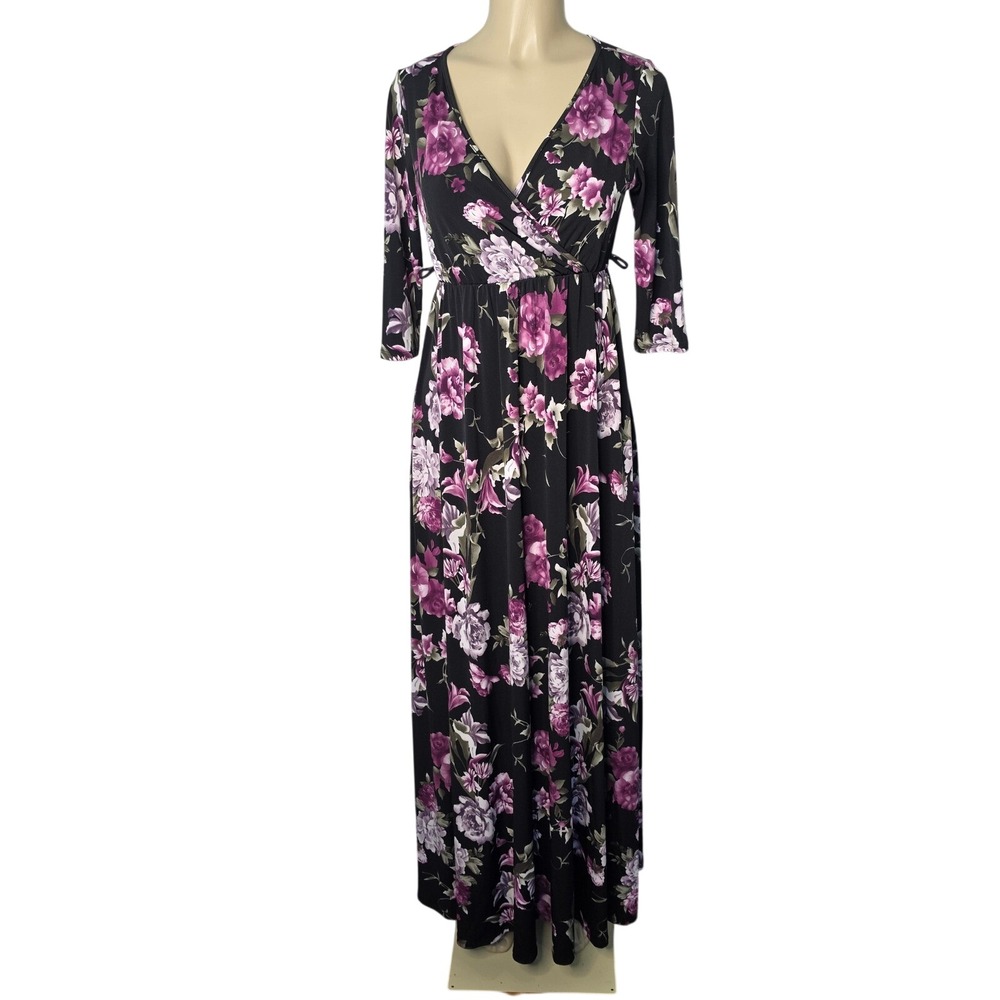 PinkBlush Maxi Dress Womens S Black Purple Floral Wrap V-Neck 3/4 Sleeve Gown